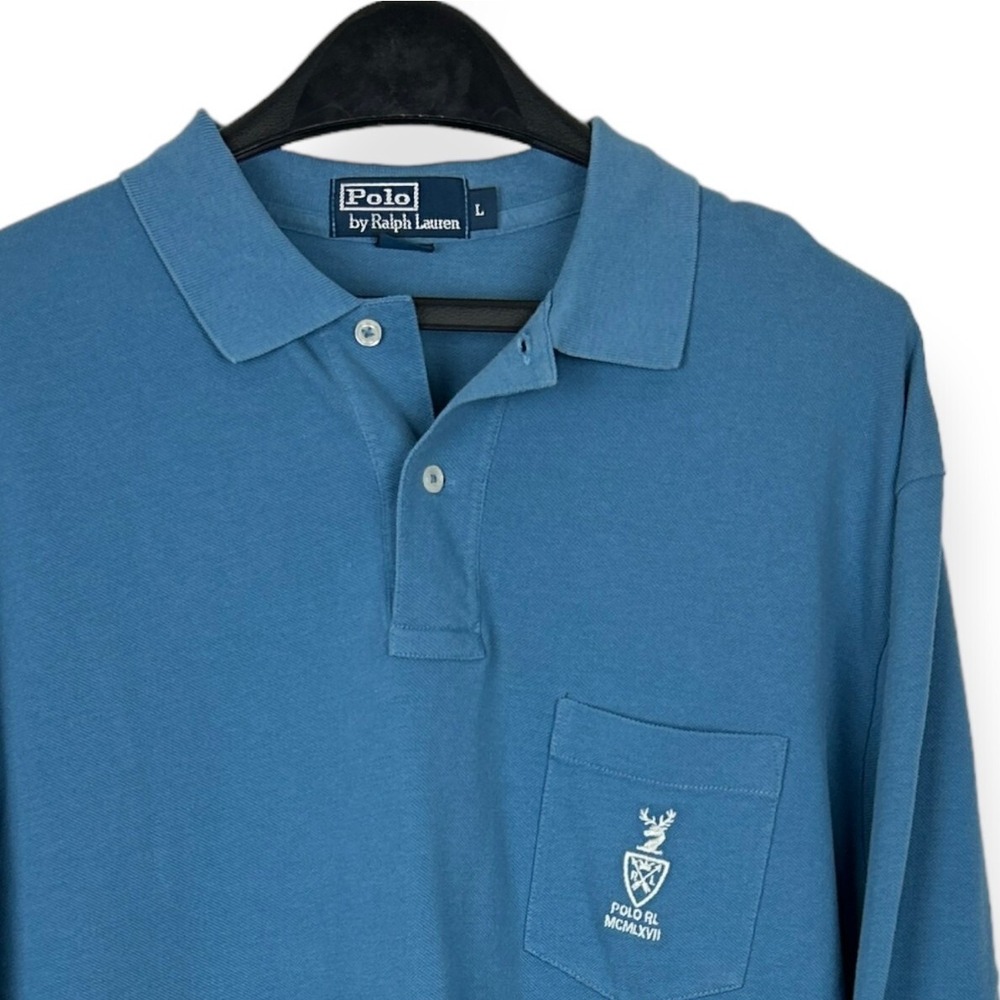 Polo Ralph Lauren LONG SLEEVE Mens Large DEER Embroidery Chest Pocket Polo Shirt